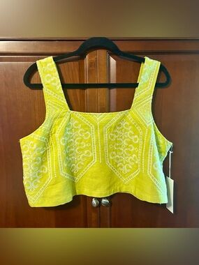 Calypso St Barth Embroidered Crop Top Green Linen Blend Square Neck Tank XL NWT